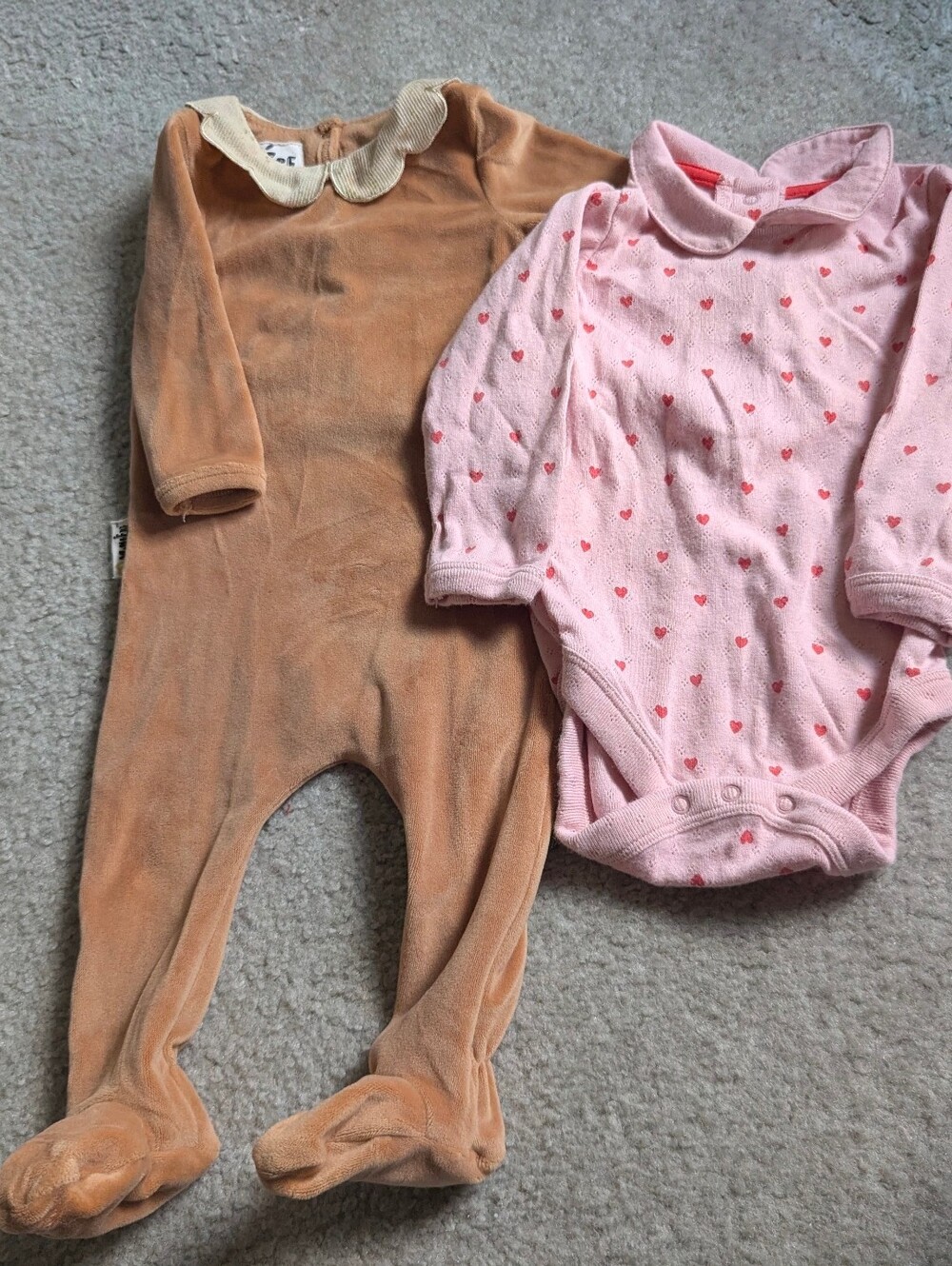 Mini Boden light pink bodysuit AND Manière Floral Collar Velour Footie (6m)